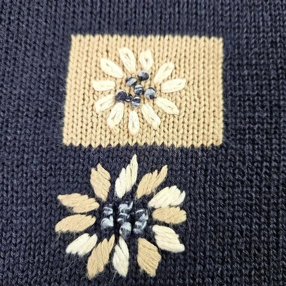Vintage Pendleton Cardigan Womens Large Navy Blue Short Sleeve Knit Flower Leave - Picture 3 of 13